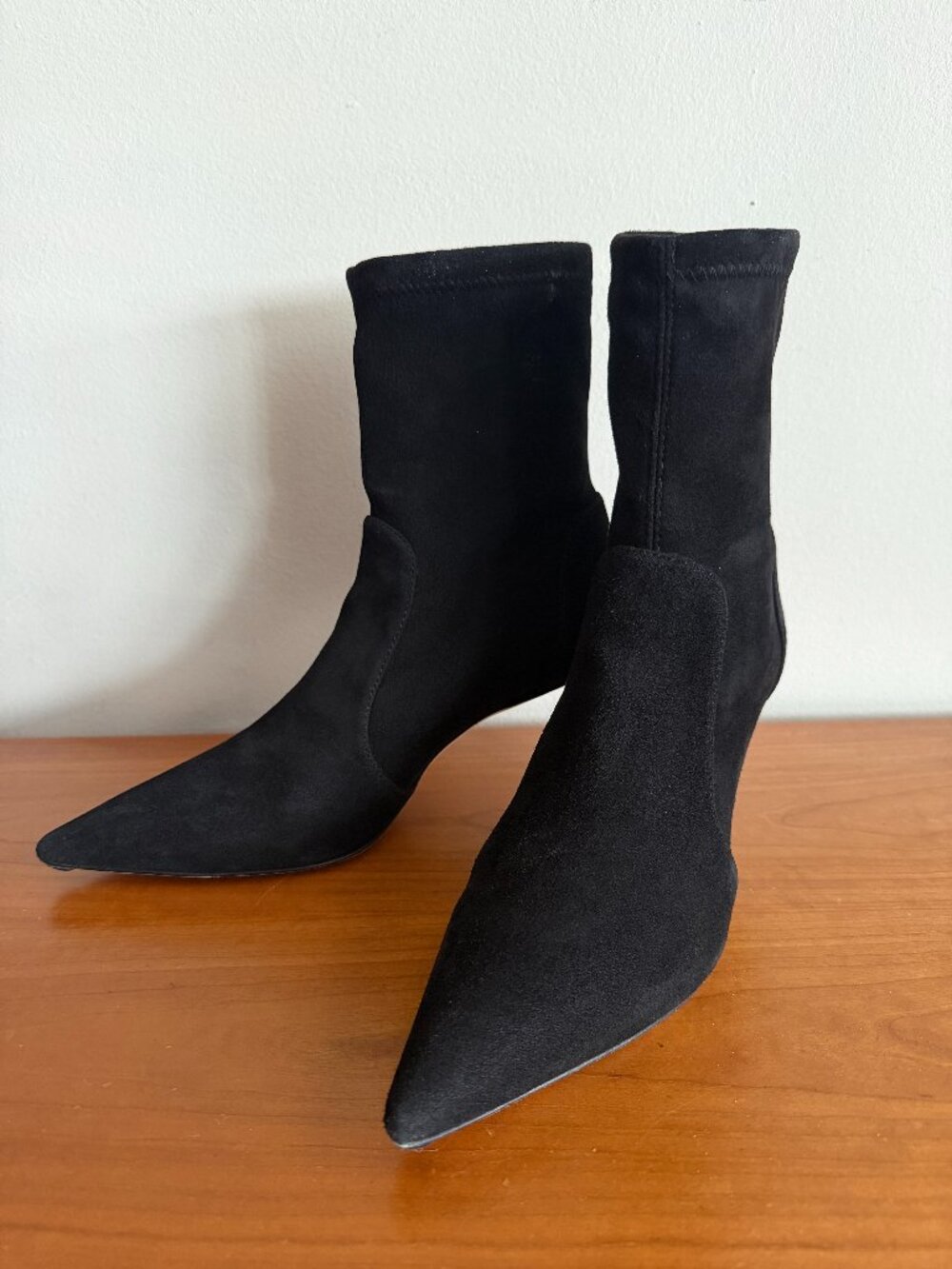 Stuart Weitzman black suede stretch bootie. Pull on and leather soles. Size 7.5M